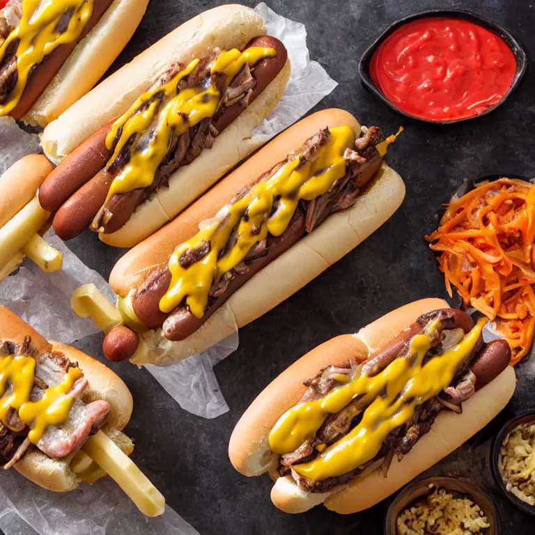 Delicious Cheesesteak Hot Dogs featuring grilled sausages topped with savory melted cheese, sautéed onions, and peppers, creating a mouthwatering fusion of flavors