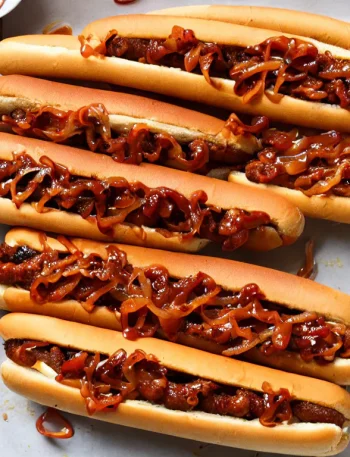 Indulge in Sweet Chili Dogs with Caramelized Onions: Grilled sausages embraced in a soft bun, generously topped with a luscious sweet chili sauce and perfectly caramelized onions, creating a harmonious blend of sweet and savory flavors for a mouthwatering hot dog treat.